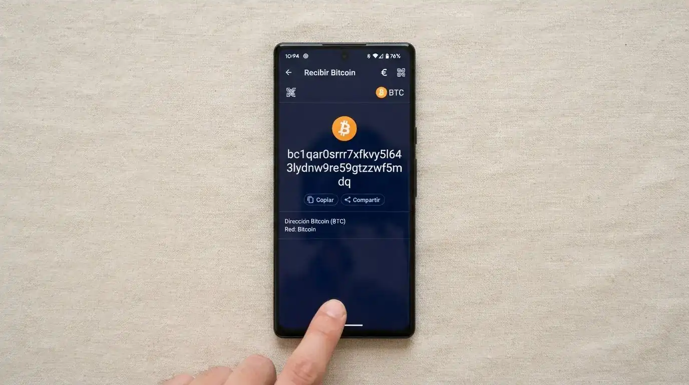 Una wallet no custodial en la pantalla de un móvil junto a una dirección alfanumérica de depósito, sin nombre ni banco visibles