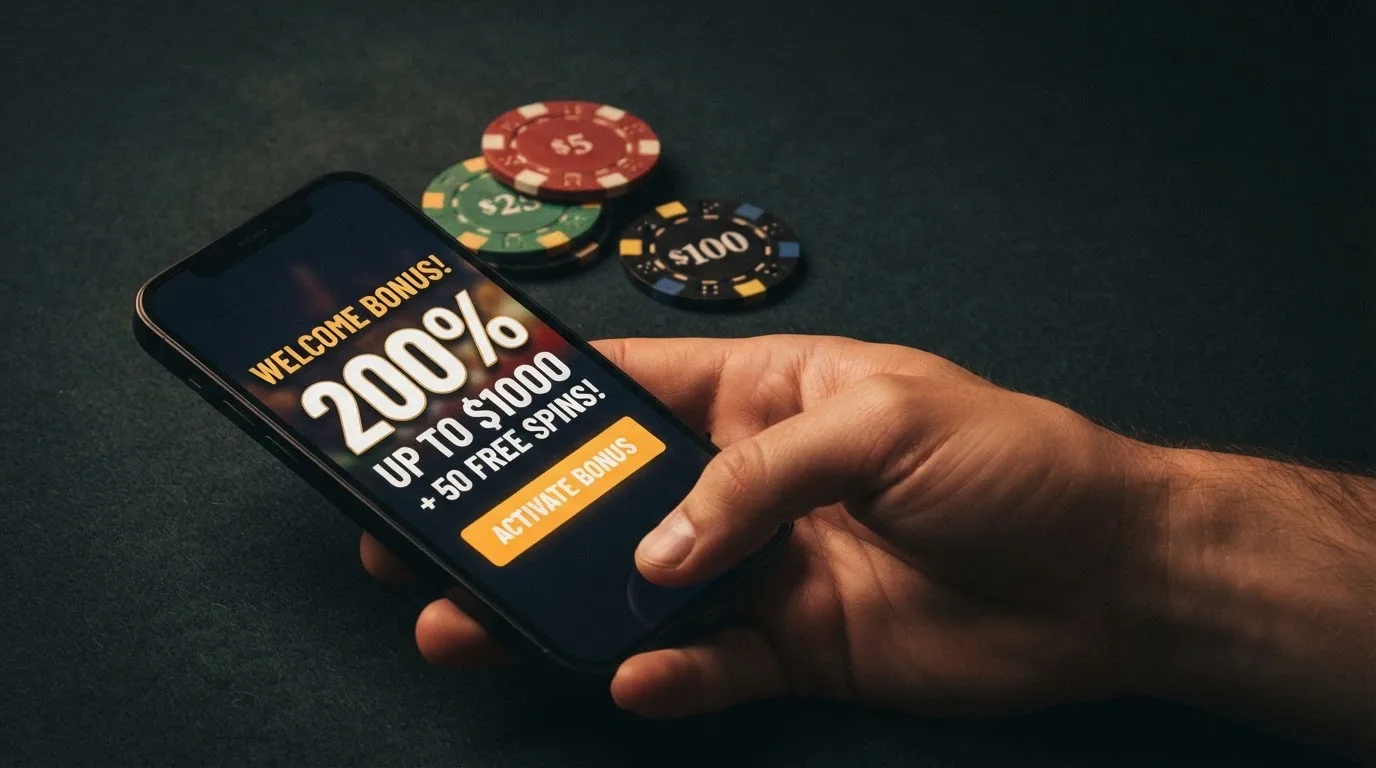 Una mano sujetando un teléfono móvil con una pantalla de bono de bienvenida, junto a fichas de casino