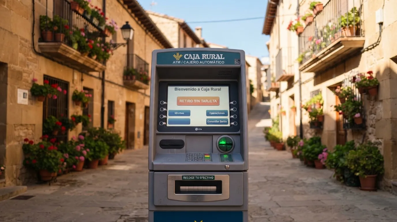 Un cajero automático con la pantalla mostrando el menú de operación sin tarjeta, en una calle española