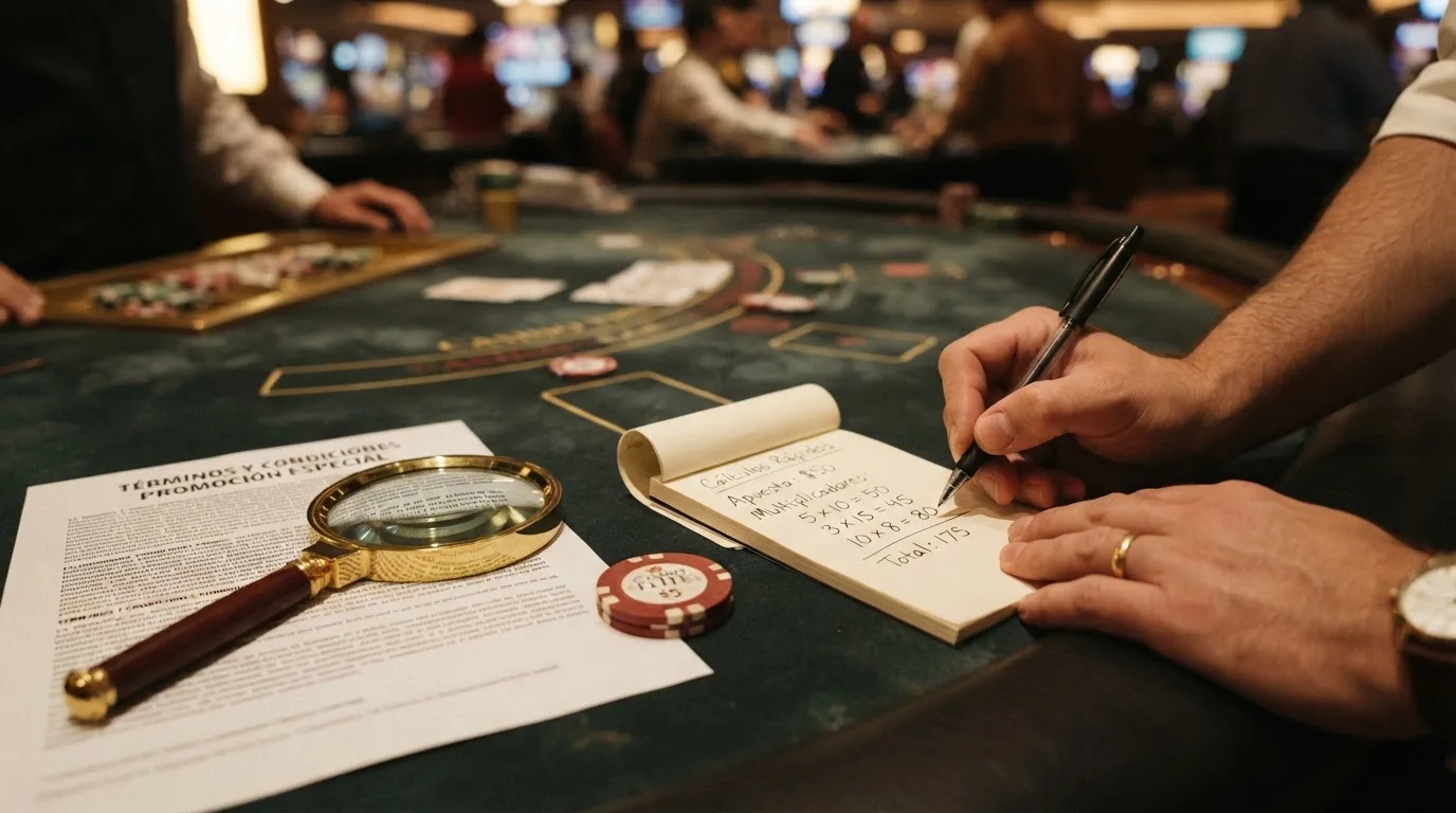 Calculadora sobre una mesa de casino con una ficha y una lupa ampliando la letra pequeña de unos términos de promoción