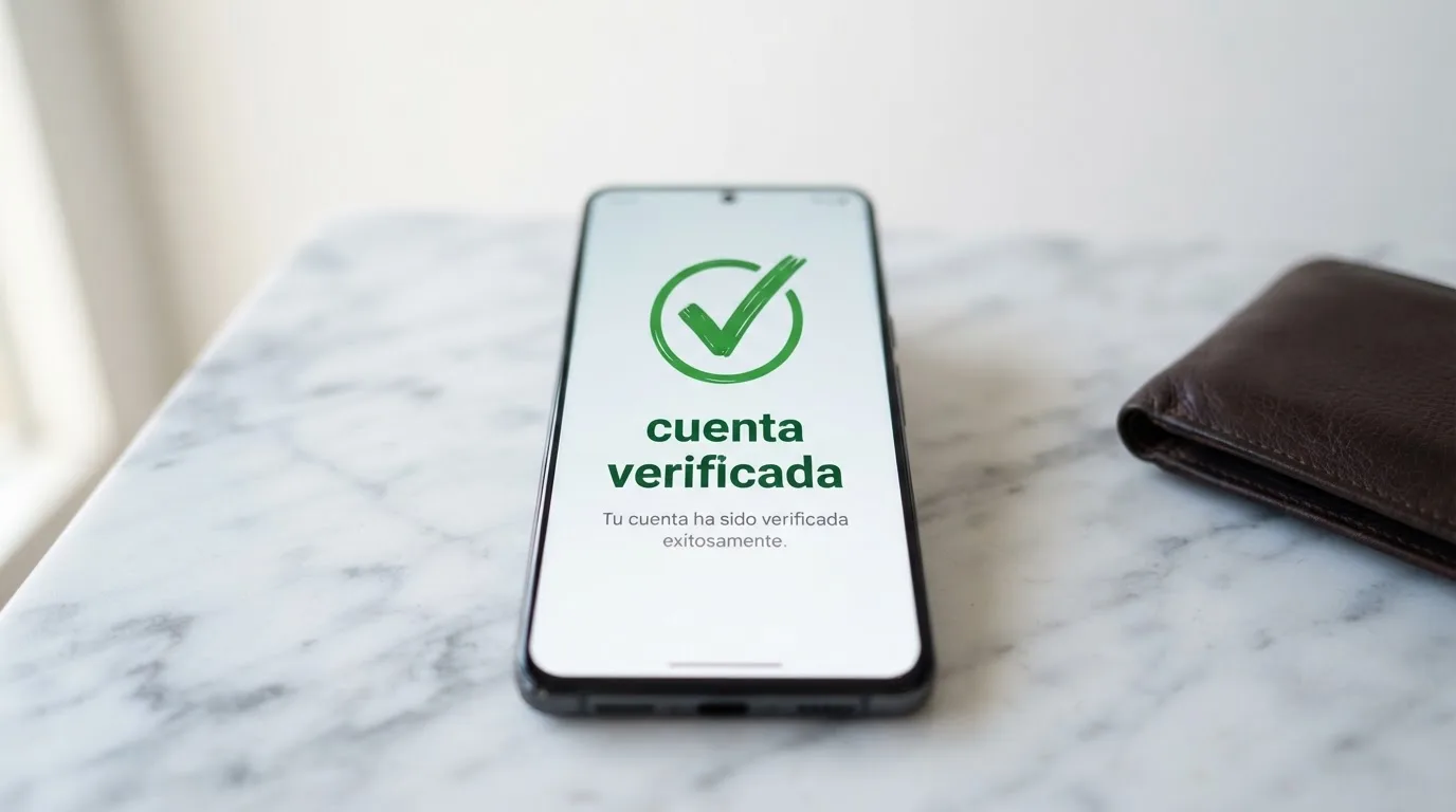 Un primer plano de un móvil mostrando la pantalla de verificación KYC de un casino con licencia española, con el texto «cuenta verificada» en verde