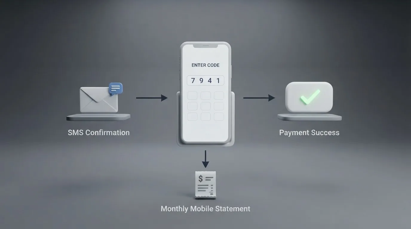 Diagrama del proceso de depósito por carrier billing: teléfono, código SMS de confirmación y pantalla de pago completado