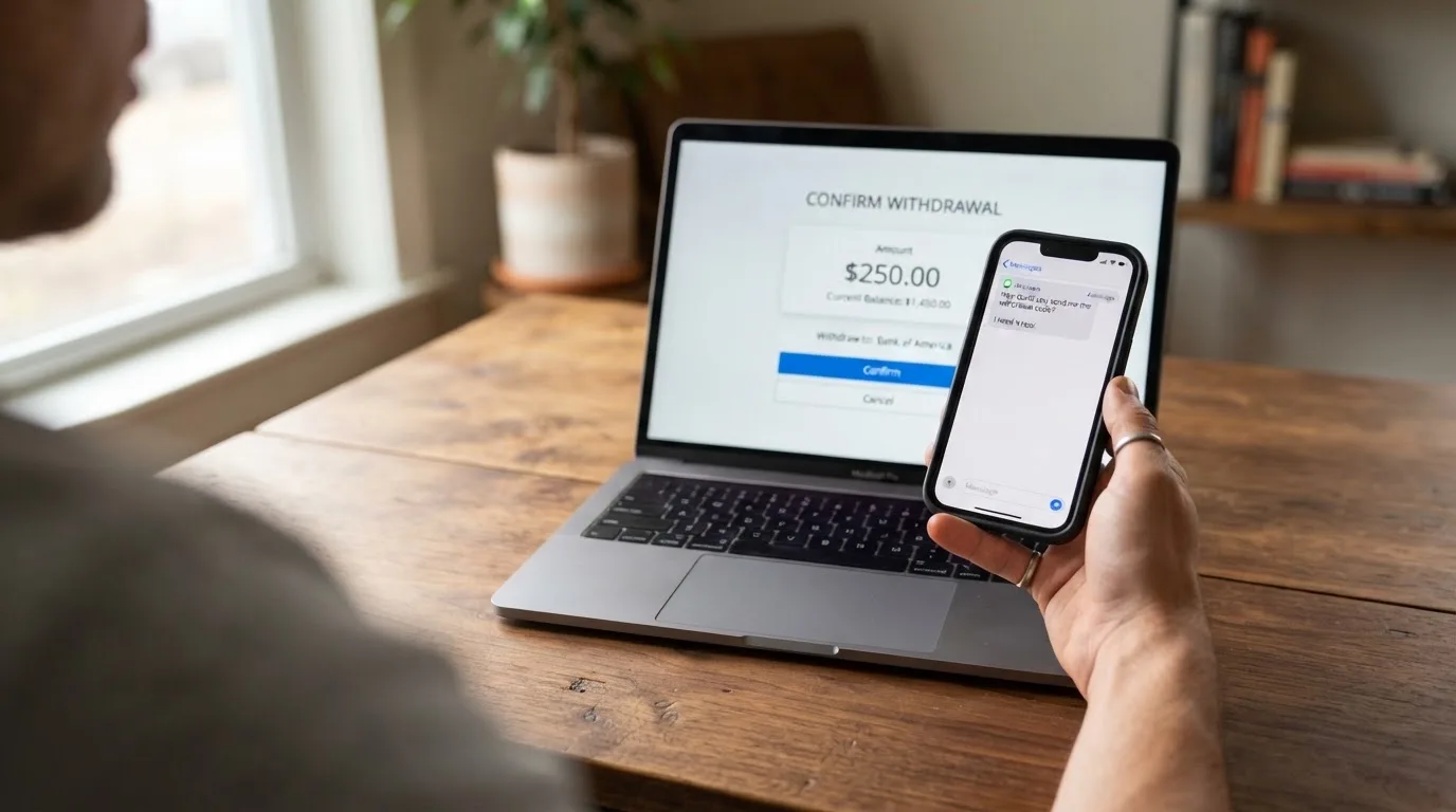 Un teléfono móvil con un SMS de HalCash abierto junto a una pantalla de ordenador mostrando el área de cajero de un casino online