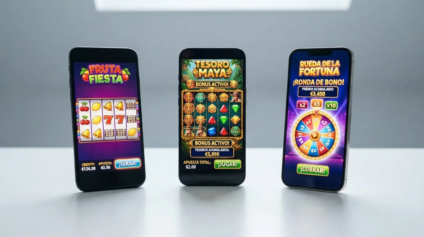 Varias pantallas de móvil mostrando distintas apps y versiones web de casinos con tragaperras en funcionamento.