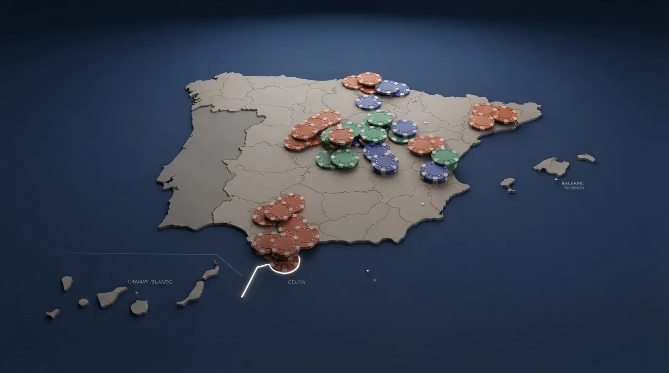 Una tabla comparativa visual con fichas de casino y un mapa de España donde se distinguen los operadores con sede en la Península y en Ceuta.