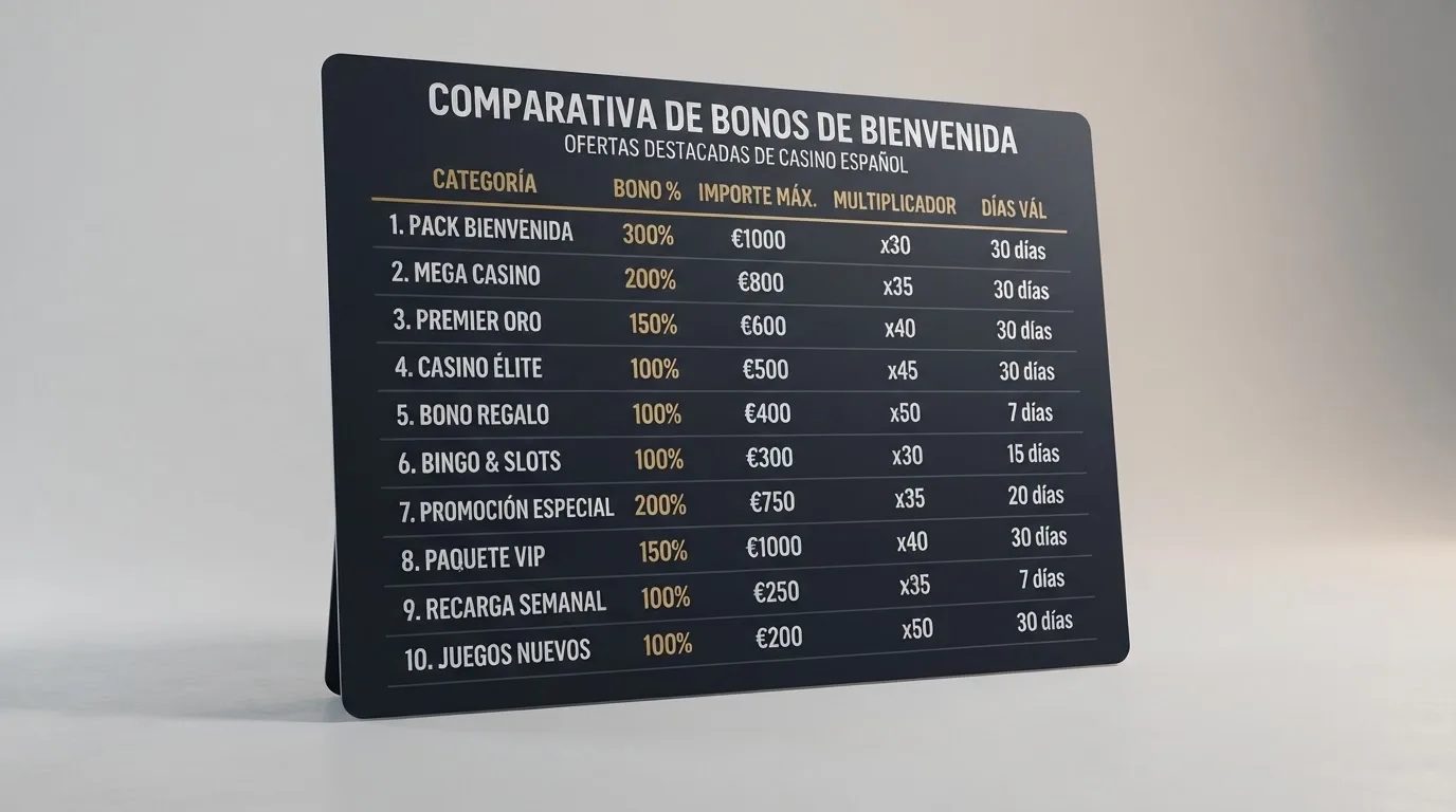 Tabla con los porcentajes de bono, importes máximos, multiplicadores de rollover y plazos de validez de diez casinos con licencia DGOJ ordenados de mayor a menor porcentaje