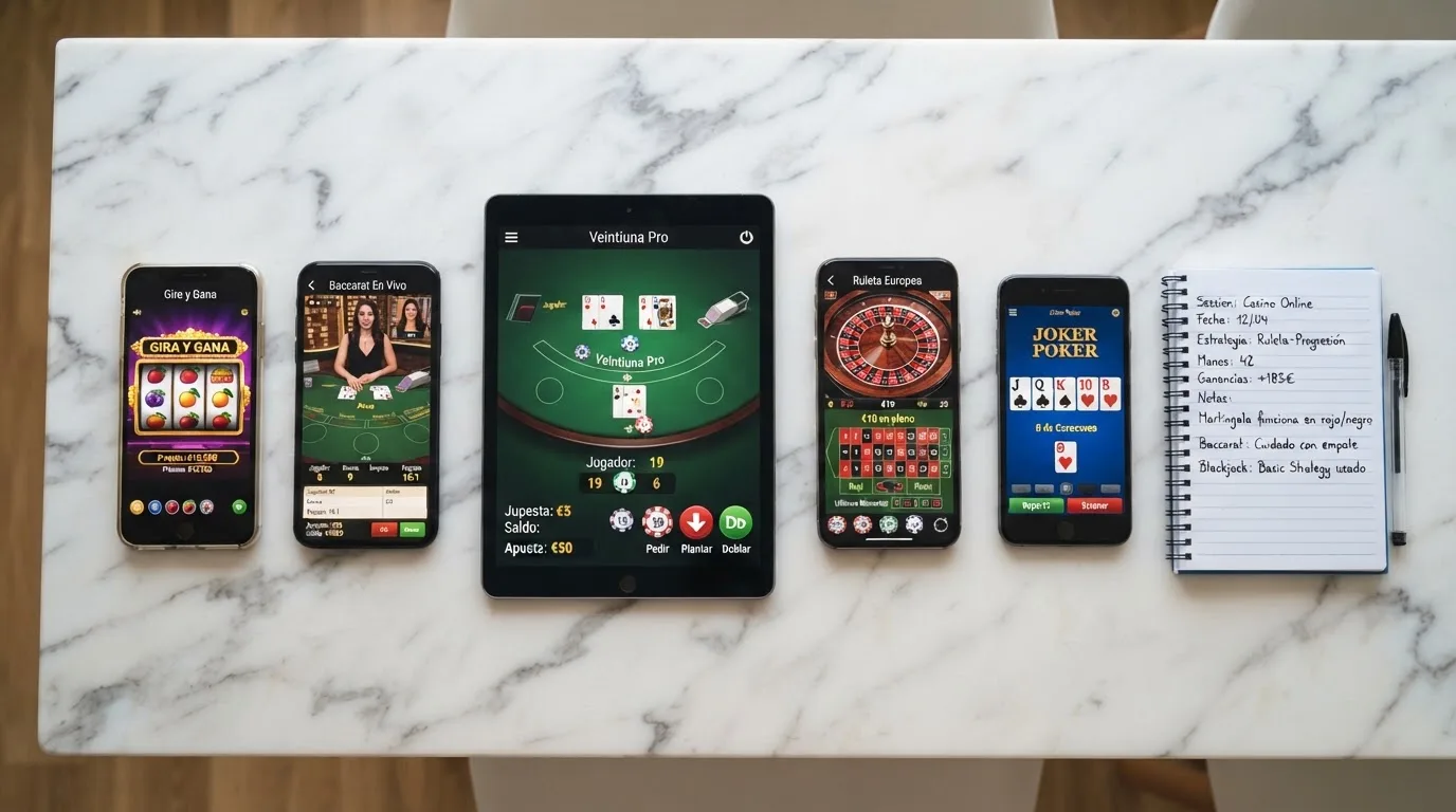 Vista cenital de una mesa con varios móviles y una tableta mostrando distintas pantallas de casino online español, con una libreta de notas al lado