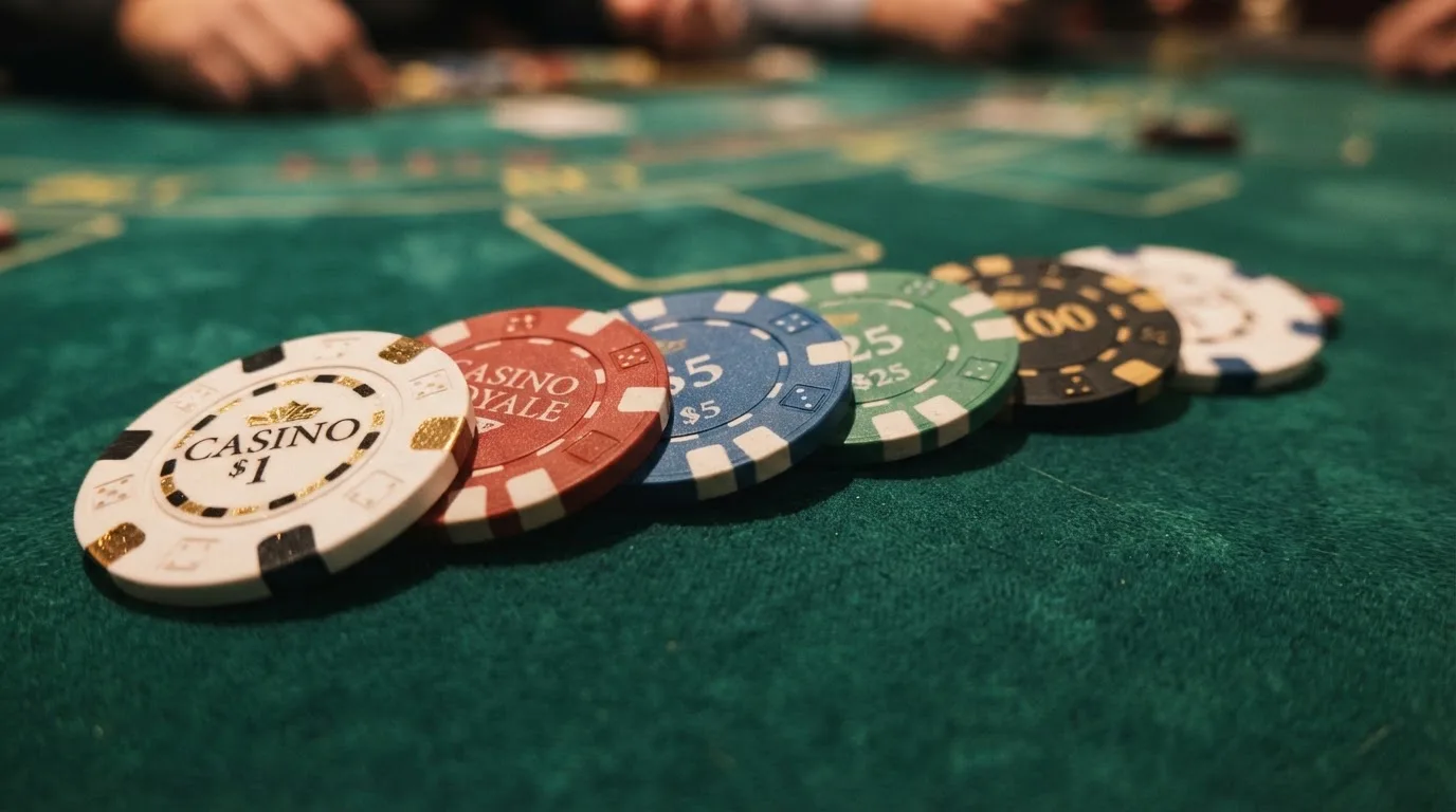 Varias fichas de casino alineadas sobre una mesa de fieltro verde, cada una con el logo de un operador distinto, formando una comparativa visual