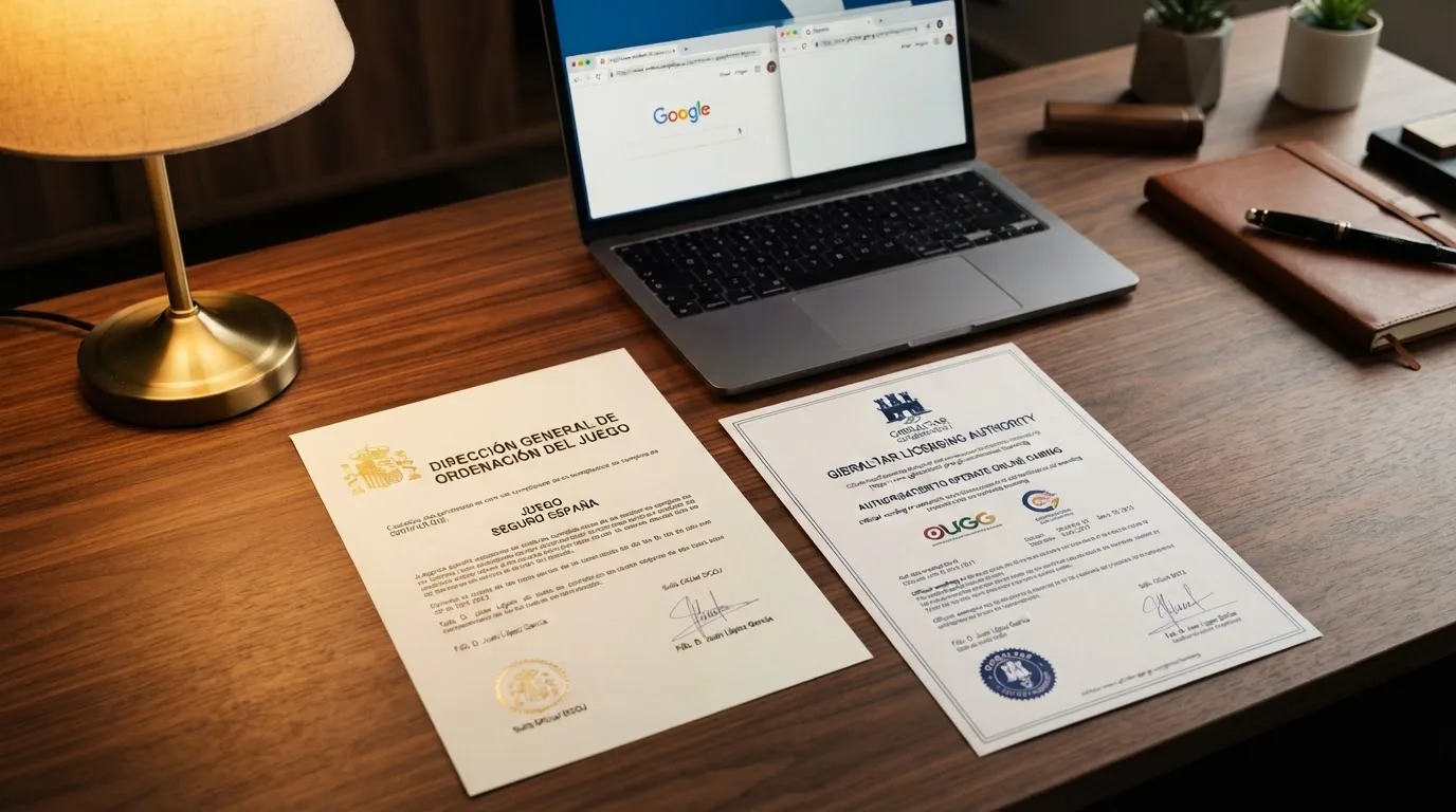 Dos documentos oficiales sobre una mesa: un certificado de licencia de la DGOJ española junto a uno de la Gibraltar Licensing Authority, con un dominio .es y un dominio .com visibles en una pantalla de ordenador