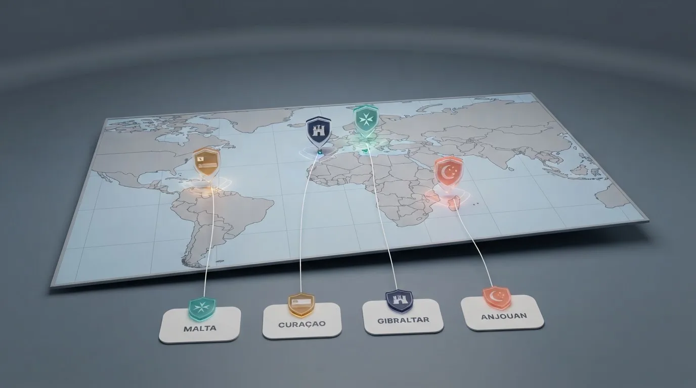 Mapa estilizado con cuatro jurisdicciones de licencia de juego señaladas: Malta, Curaçao, Gibraltar y Anjouan