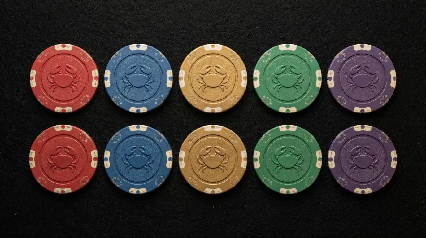 Diez fichas de casino alineadas en una vista cenital, cada una con el nombre de un operador Bonus Crab y un icono de garra de cangrejo