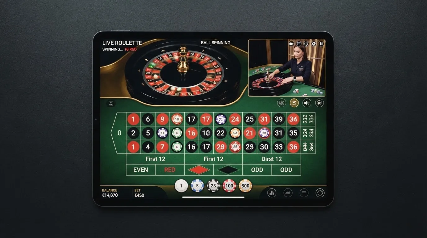 Interfaz de una mesa de ruleta en vivo en un casino online español con el tapete digital de apuestas, el marcador de números y la retransmisión del crupier en tiempo real