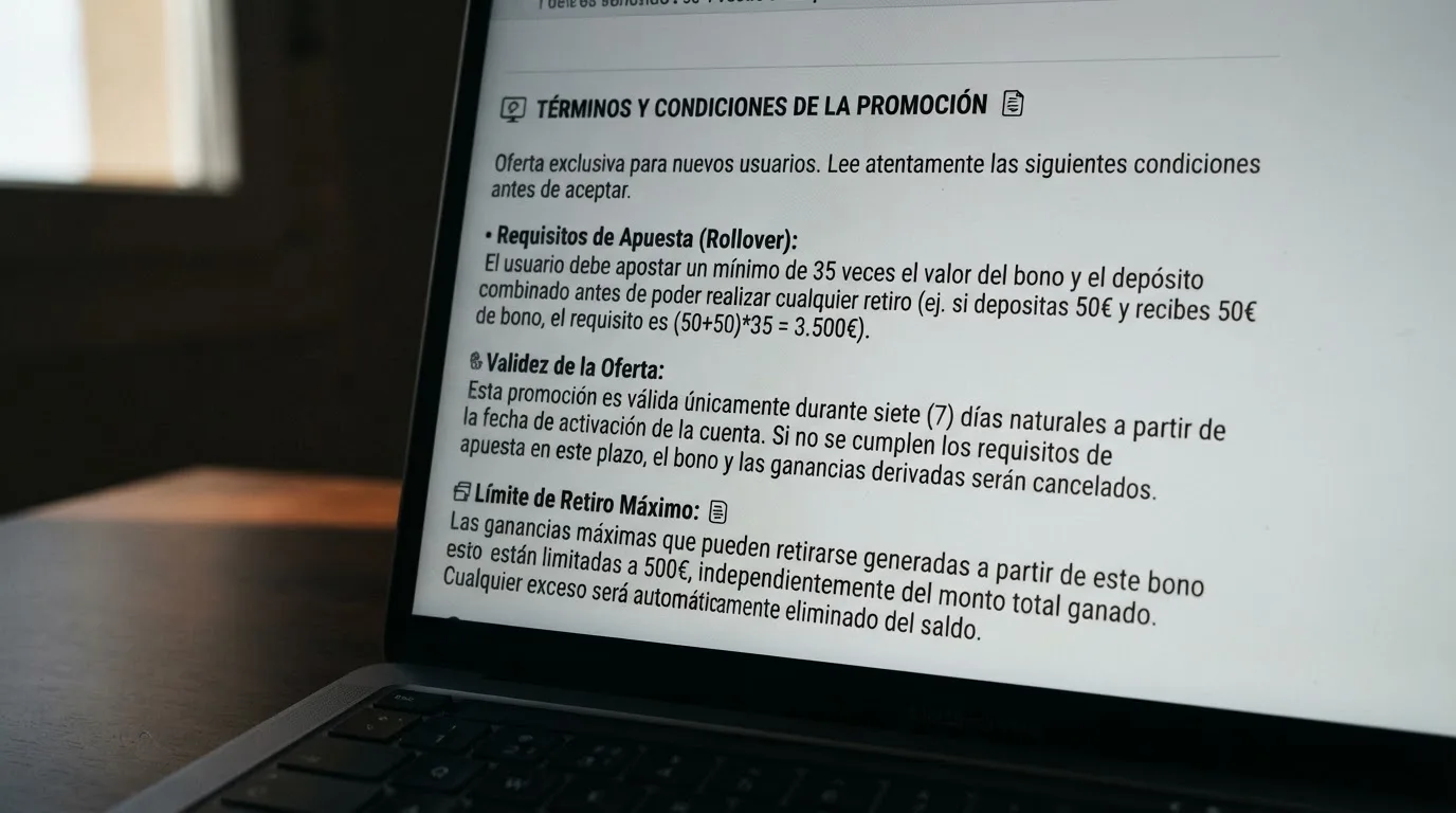 Primer plano de los términos y condiciones de un bono sin depósito en la web de un casino online español