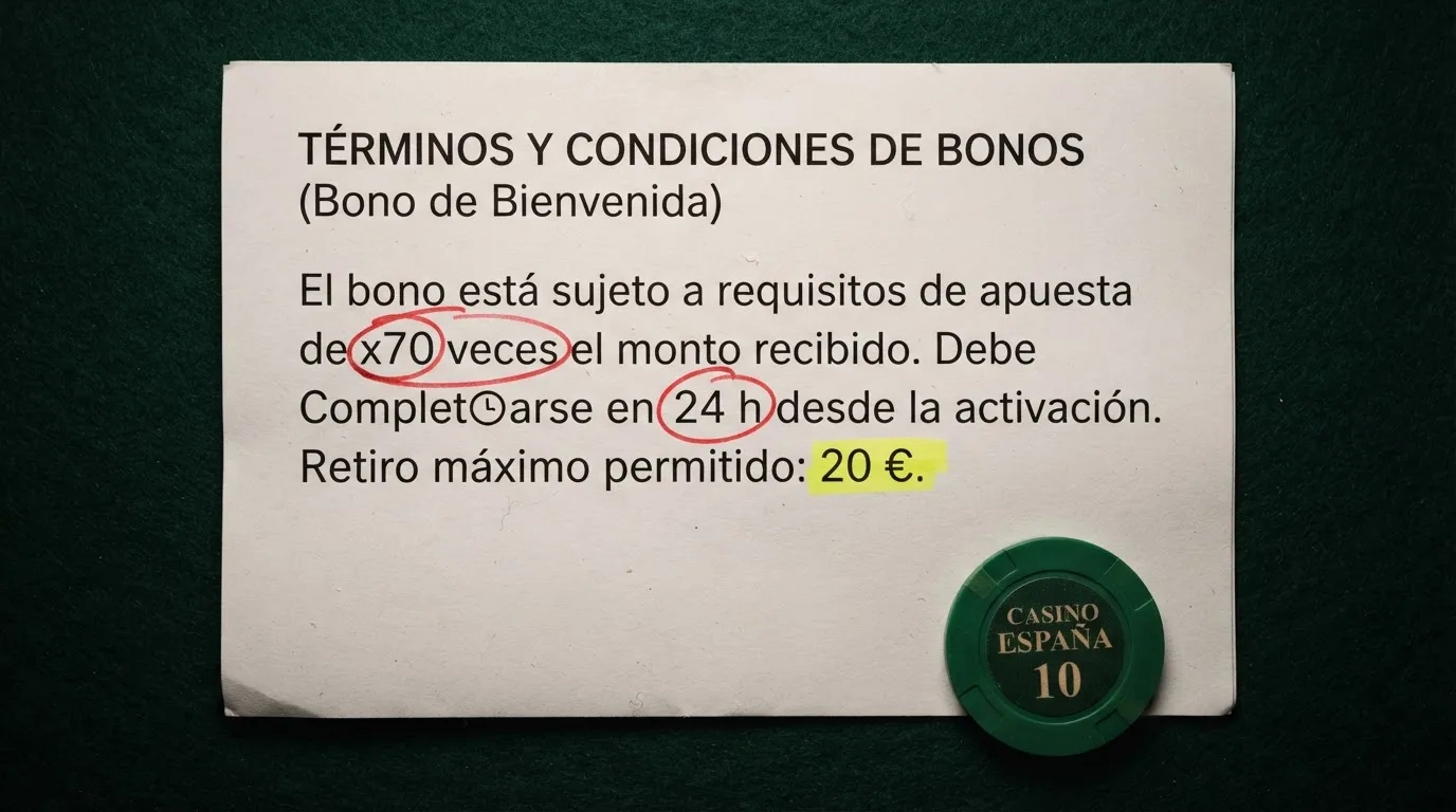 Primer plano de los términos y condiciones de un bono sin depósito en un casino online, con las cifras de rollover, plazo y límite de retirada resaltadas