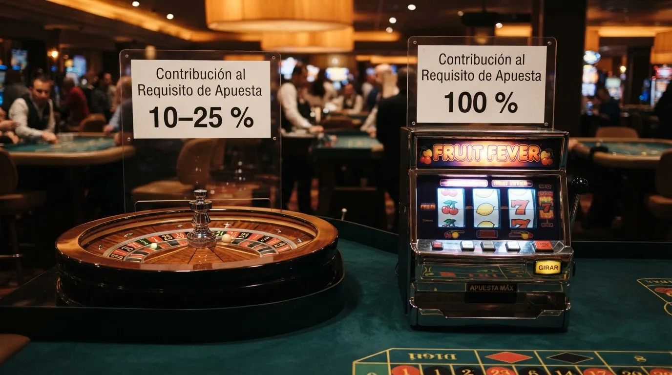 Una ruleta y una tragaperras una al lado de la otra con porcentajes de contribución al rollover superpuestos — 100% frente a 10-25%