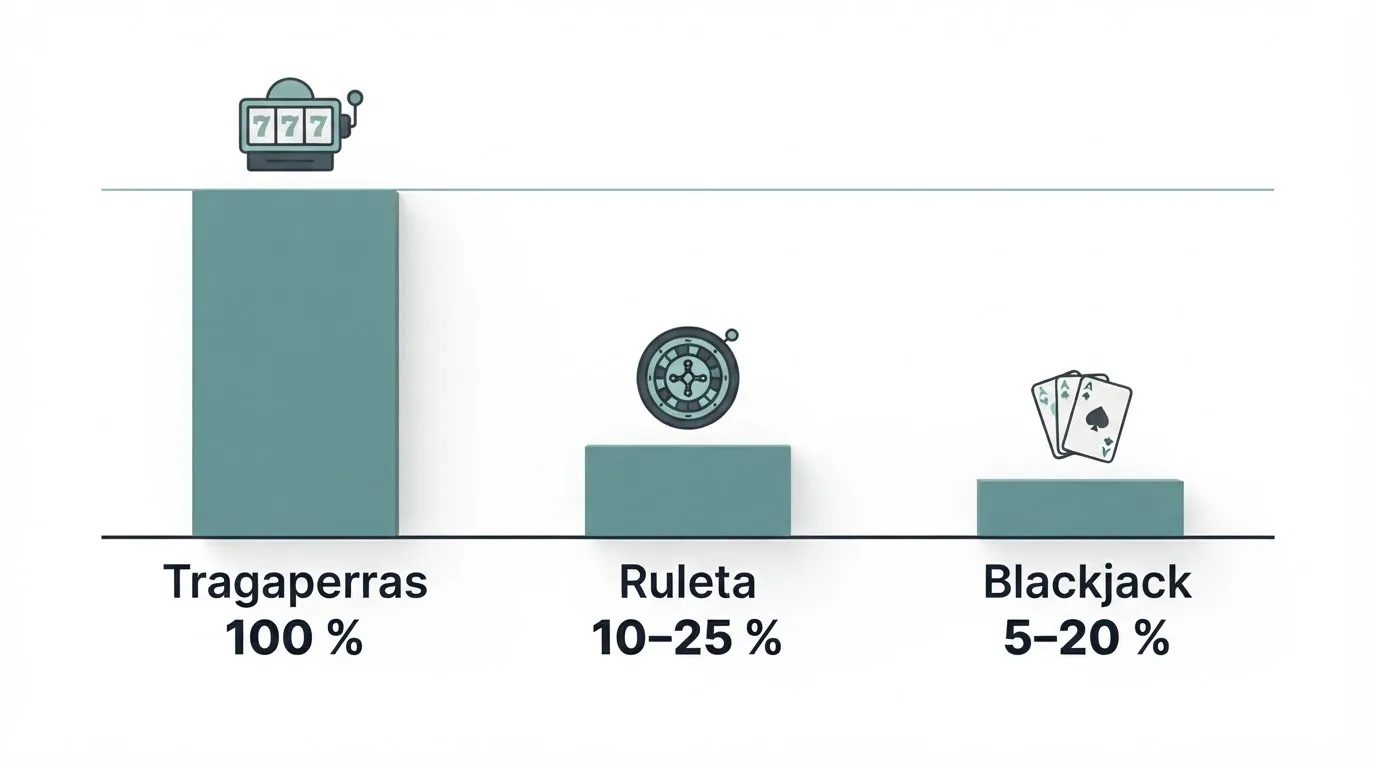 Gráfico de barras con iconos de tragaperras, ruleta y blackjack mostrando porcentajes de contribución al requisito de apuesta