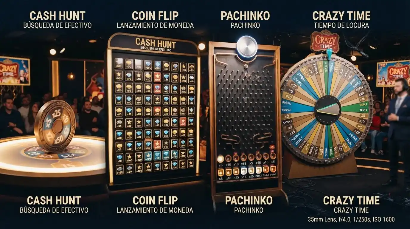 Collage de las cuatro rondas de bonificación de Crazy Time: la moneda digital de Coin Flip, la pared de símbolos de Cash Hunt, el tablero de clavijas de Pachinko y la rueda gigante de la bonificación Crazy Time