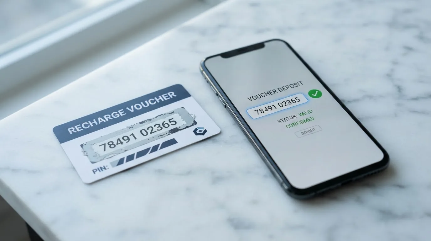 Primer plano de un cupón Neosurf con su código PIN de 10 dígitos junto a la pantalla de depósito de un casino online