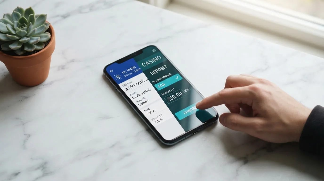 Pantalla dividida: a la izquierda, una wallet de Cardano con una dirección «addr1…» visible; a la derecha, la caja de depósito de un casino mostrando «ADA» como método seleccionado y un importe en euros