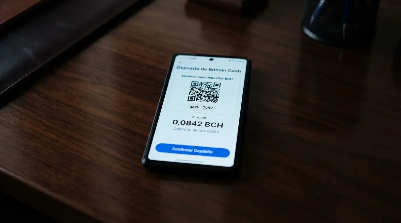 Pantalla de depósito en un casino online mostrando una dirección CashAddr de Bitcoin Cash, el importe en BCH y el desglose de comisión de red