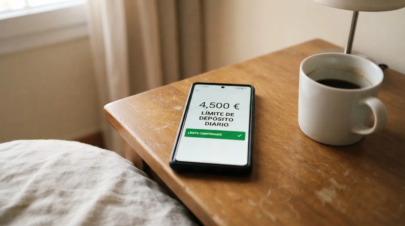 Un teléfono móvil con la pantalla de límites de depósito de un casino junto a un vaso de café, en un entorno doméstico tranquilo