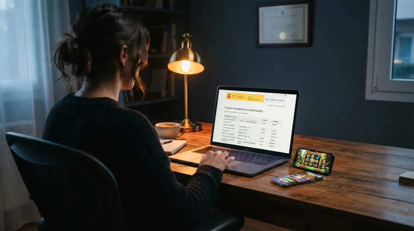 Pantalla dividida: a la izquierda el sitio web de la DGOJ con el listado de operadores autorizados en España y a la derecha la interfaz de un casino con licencia de Curazao que acepta BCH