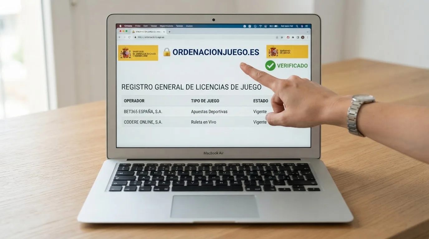 Pantalla del registro público de operadores de la DGOJ con el dominio ordenacionjuego.es visible y un candado de seguridad
