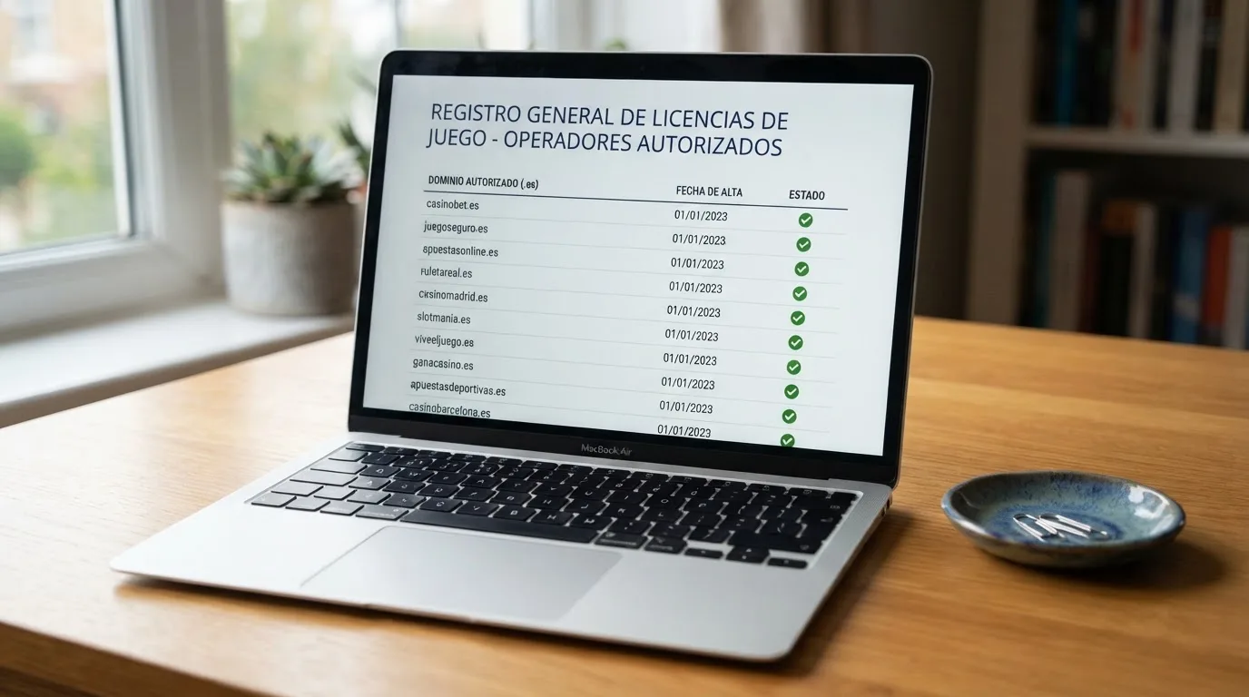 Pantalla del registro oficial de la DGOJ con el listado de operadores autorizados, destacando los dominios .es como única señal fiable de casino regulado en España.