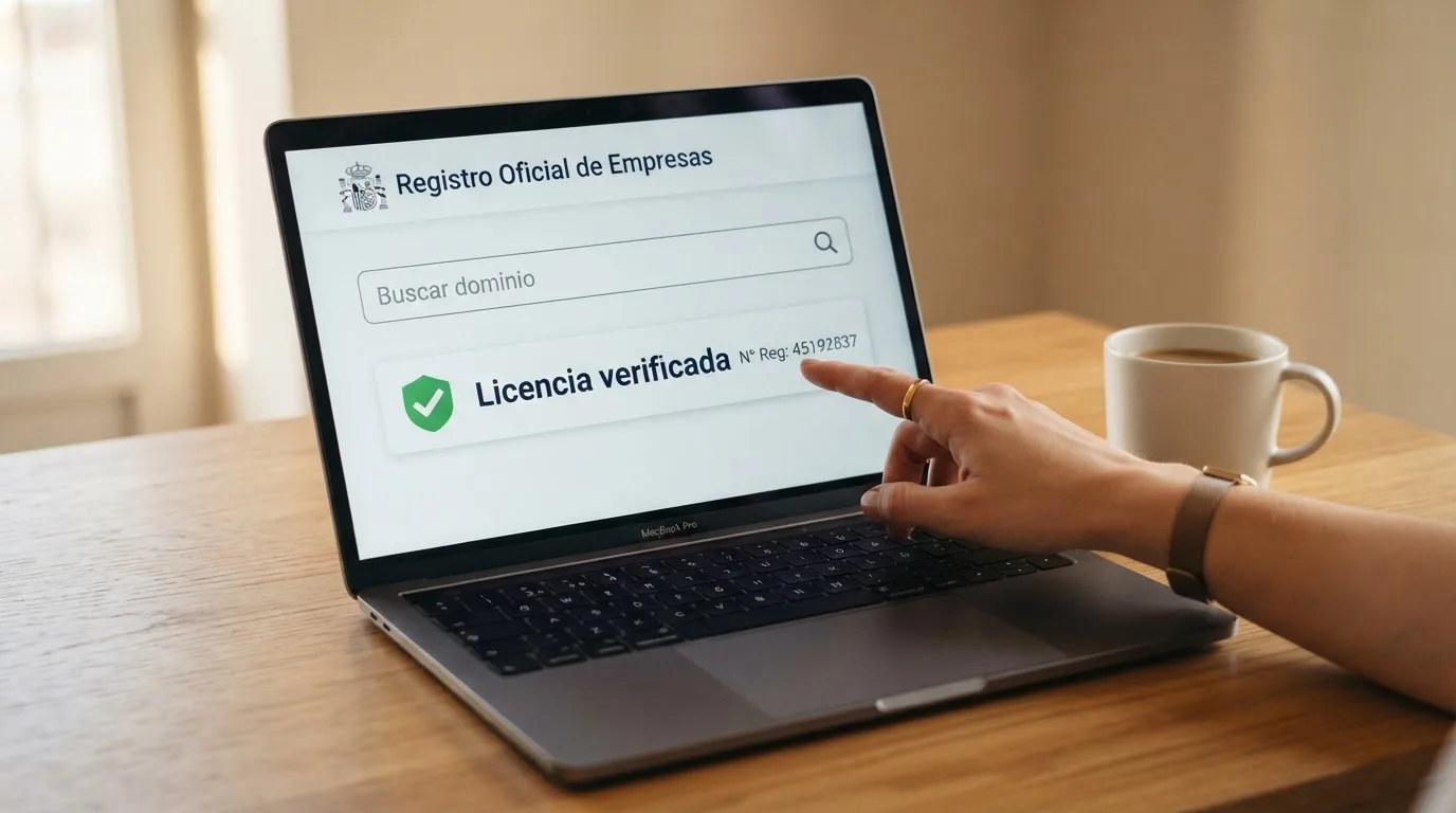Captura de pantalla del registro oficial de la DGOJ (ordenacionjuego.es) con el campo de búsqueda visible y el dominio .es resaltado en la barra de direcciones