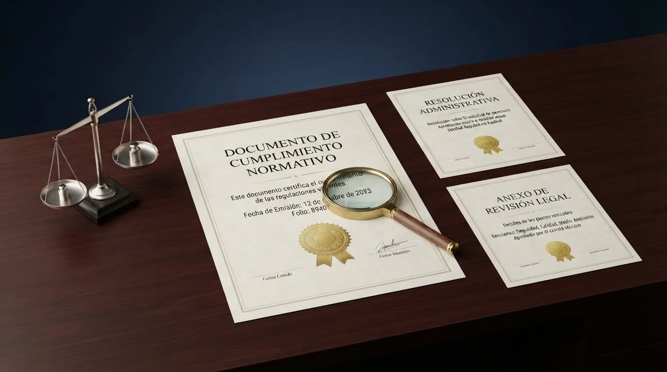 Primer plano de un sello oficial de la DGOJ junto a documentos de licencia de Curaçao y Anjouan, con una balanza en segundo plano