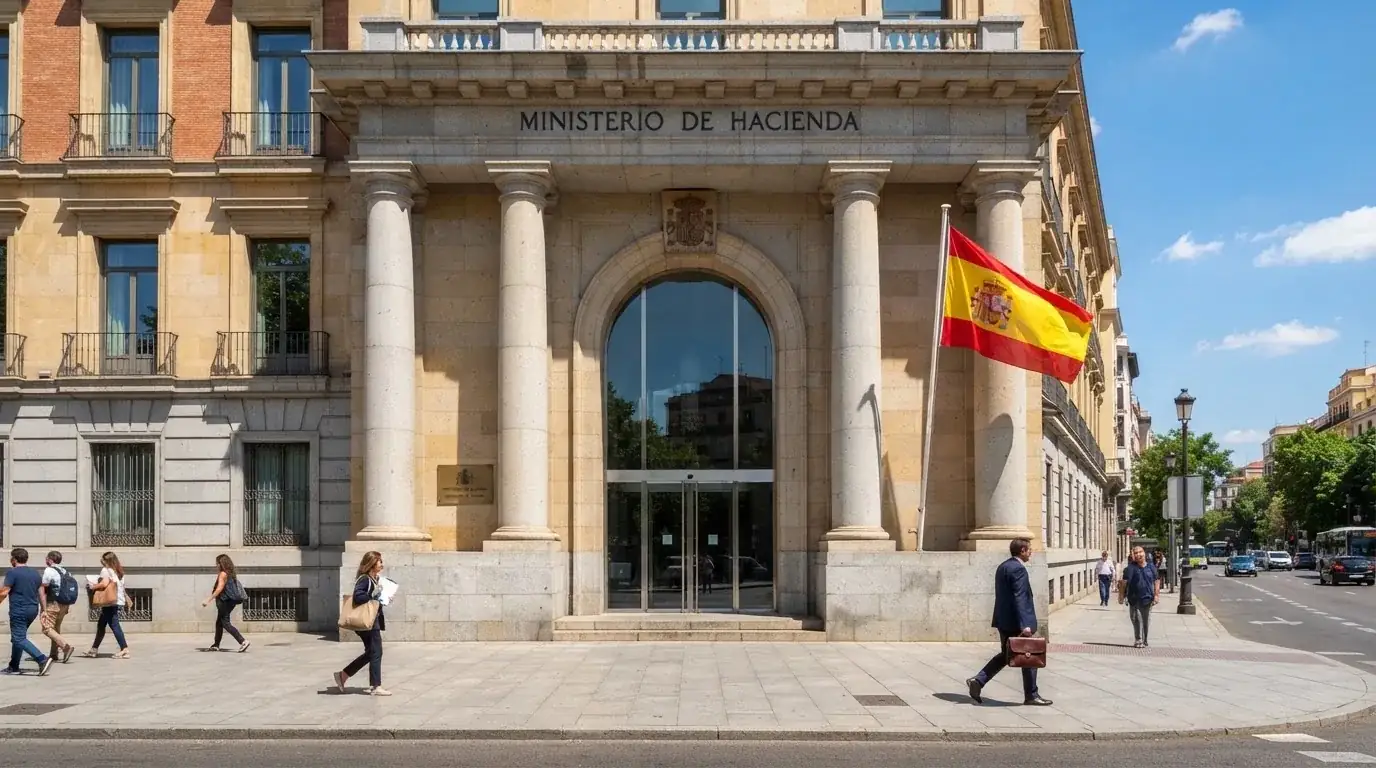 La fachada de la sede de la Dirección General de Ordenación del Juego en Madrid, con la bandera de España y el logotipo de la DGOJ visibles