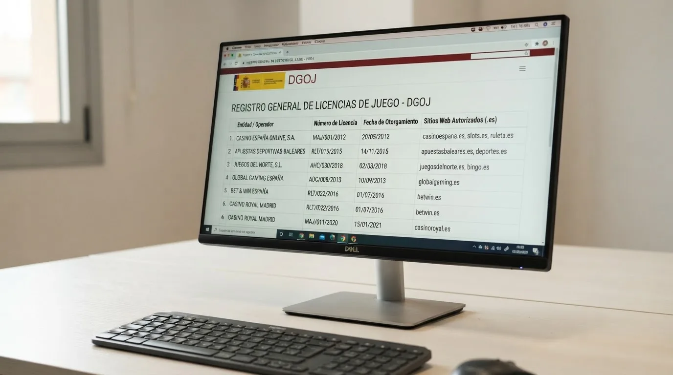 Captura parcial de la página de ordenacionjuego.es con el listado de operadores con licencia, donde se aprecian varias razones sociales y sus números de licencia junto al dominio .es