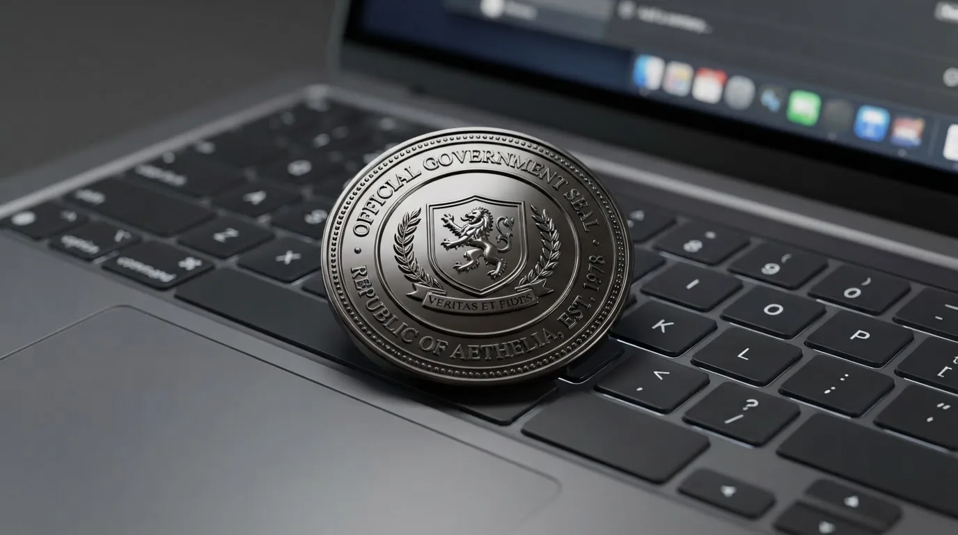 Un primer plano de un sello oficial de la DGOJ sobre el teclado de un ordenador