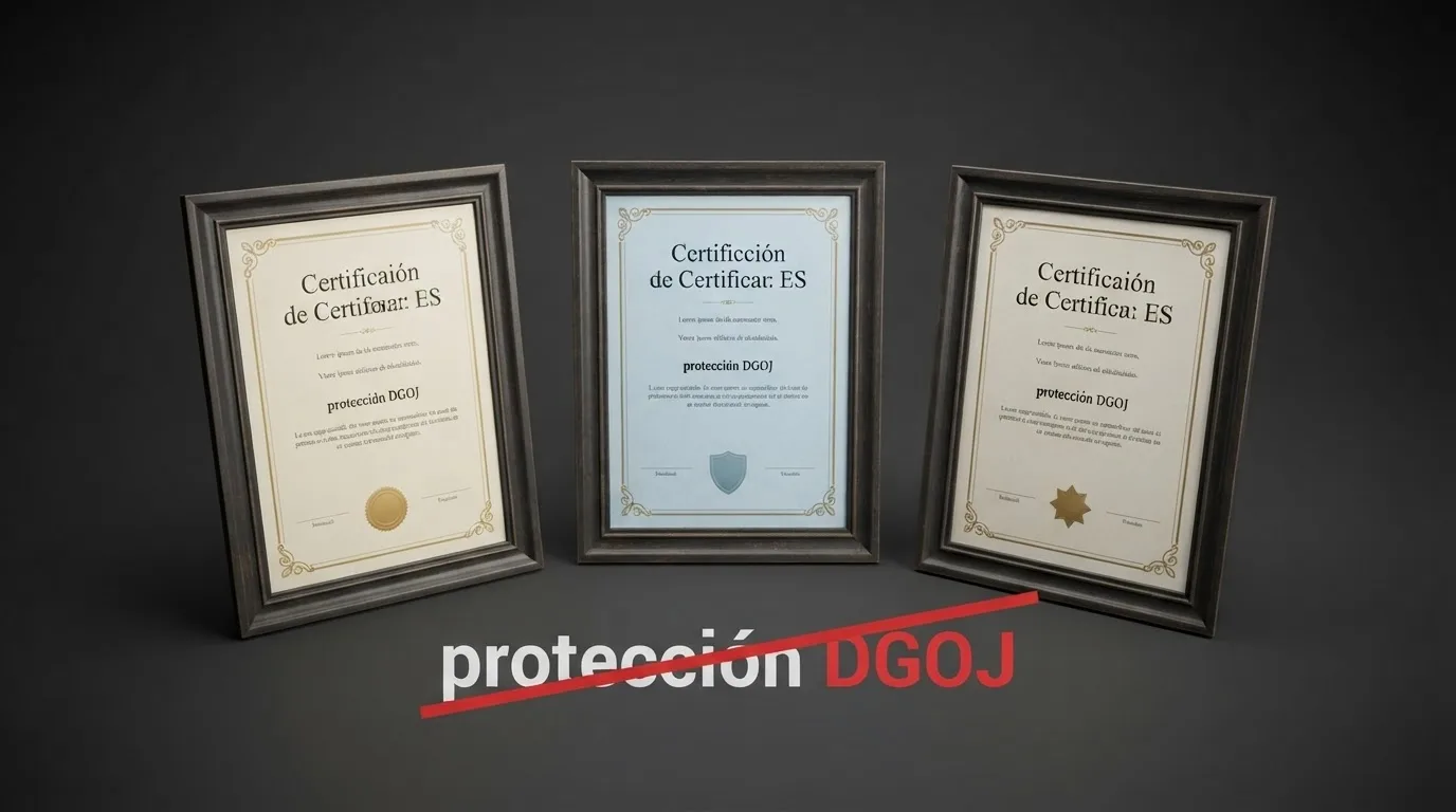 Tres certificados de licencia de juego —Curaçao eGaming, Anjouan Gaming y Costa Rica— sobre un fondo oscuro con un texto tachado que dice «protección DGOJ»