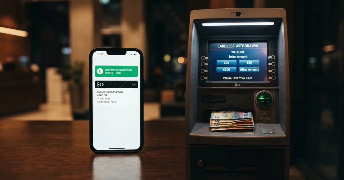 Un teléfono móvil mostrando una notificación de HalCash junto a billetes de euro saliendo de un cajero automático