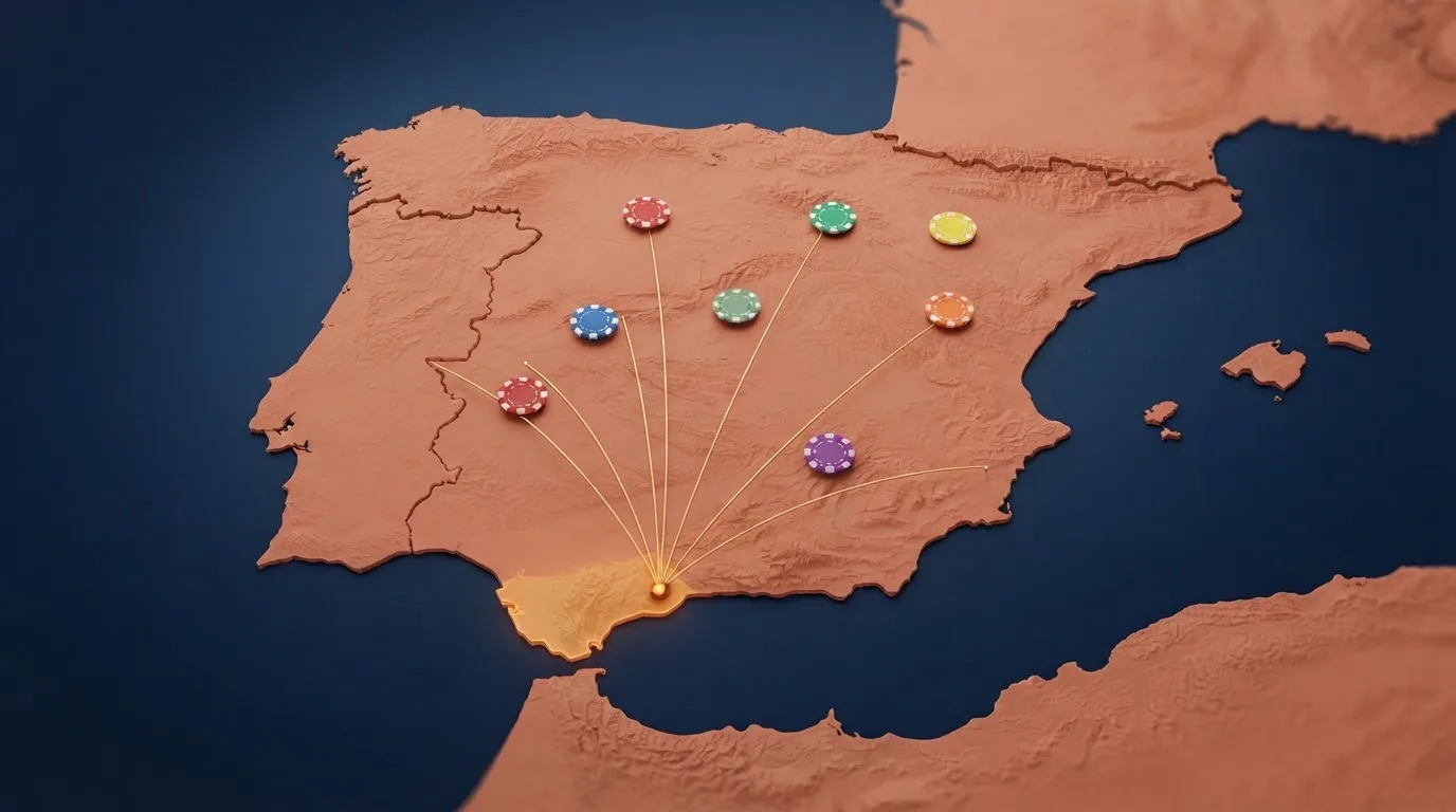 Mapa de la península ibérica con Gibraltar señalado, y líneas que conectan el Peñón con los logotipos de los principales operadores con licencia de Gibraltar que aceptan jugadores desde España