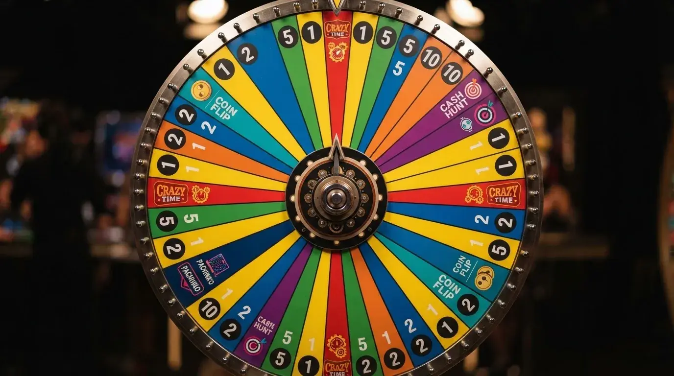 Primer plano de la ruleta de Crazy Time mostrando la distribución de los números 1, 2, 5, 10 y las casillas de bonificación Coin Flip, Cash Hunt, Pachinko y Crazy Time