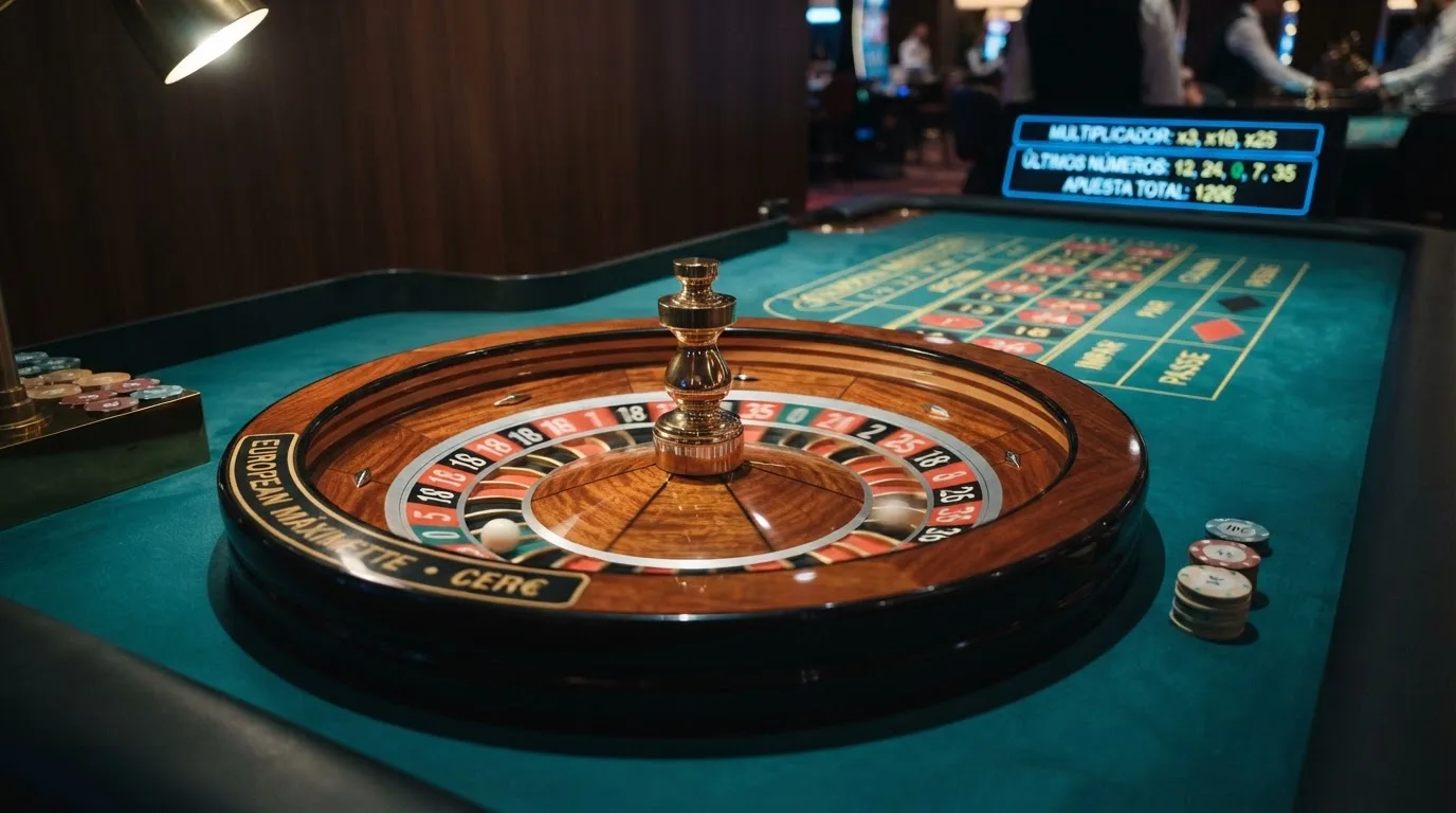 Una mesa de ruleta europea de Evolution Gaming en pleno giro, con la interfaz de apuestas en pantalla y el marcador de multiplicadores de Lightning Roulette activo