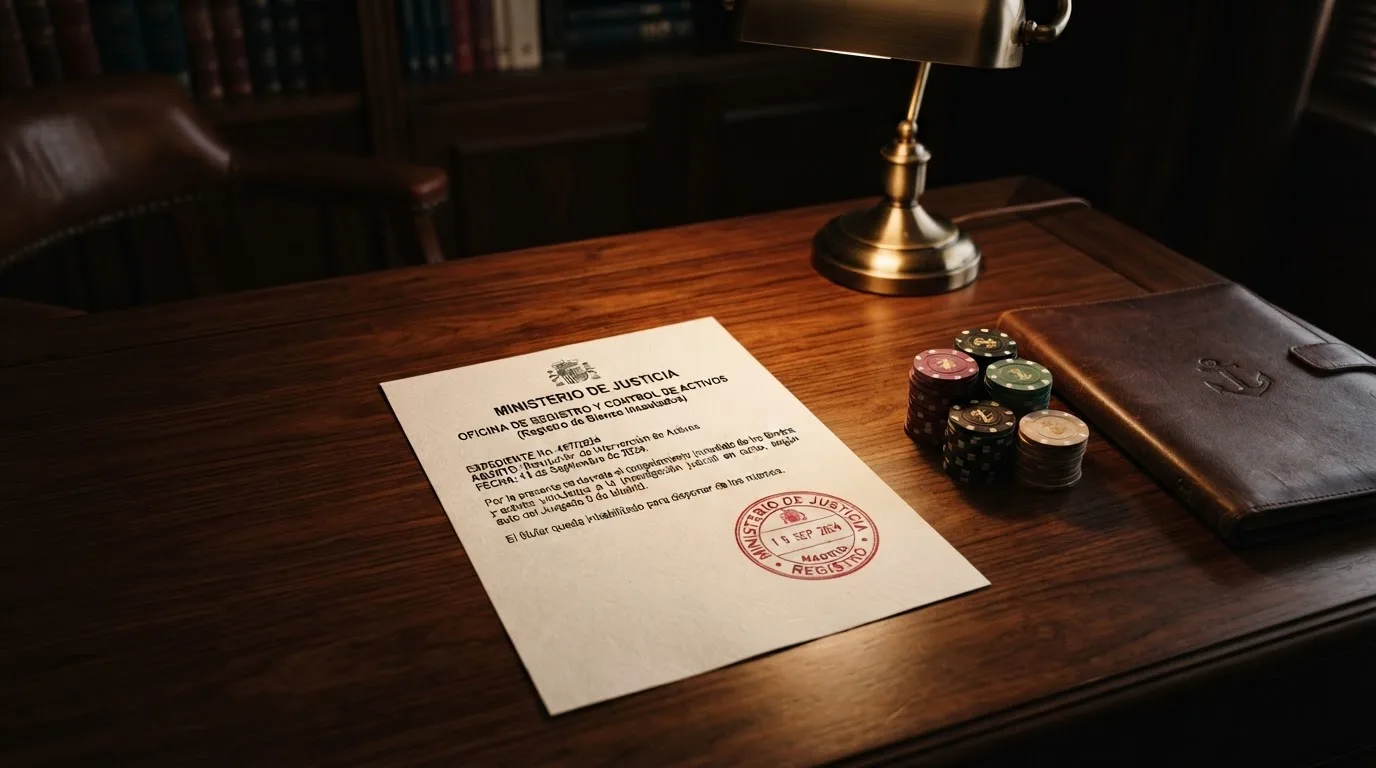 Documento oficial con membrete del BOE y sello de la DGOJ sobre una mesa de madera oscura