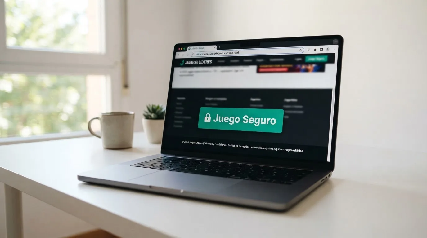 Pie de página de un casino online español con el logotipo de la DGOJ, el sello de juego seguro y el dominio .es visible en la barra del navegador