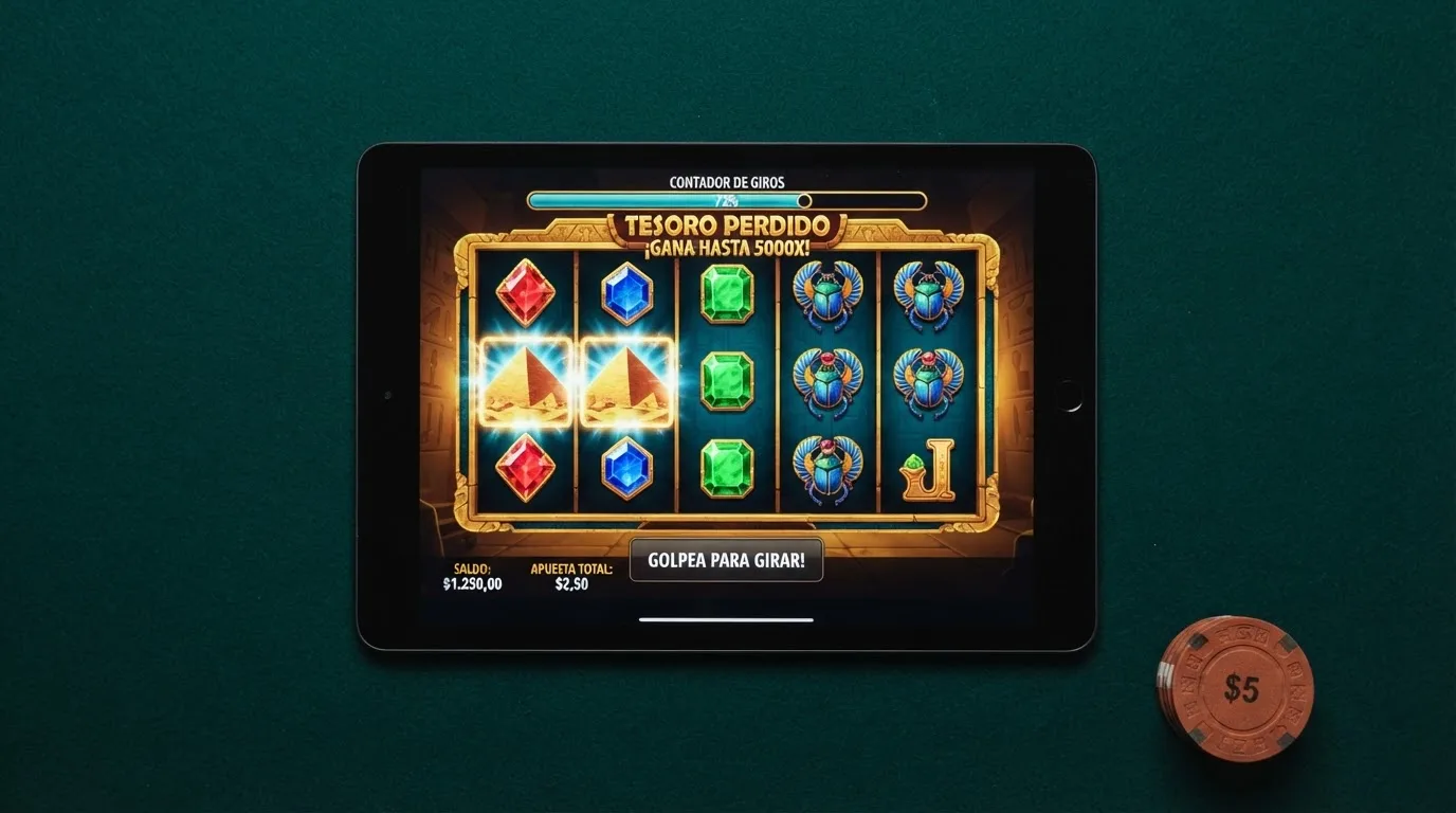 Primer plano de una tragaperras online en un casino con licencia DGOJ, con el contador de rollover visible en pantalla