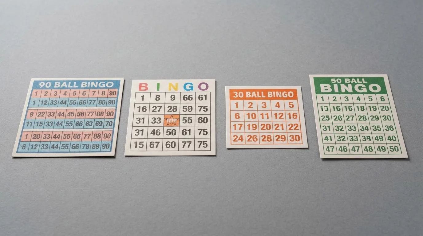 Cuatro cartones de bingo distintos alineados: 90 bolas con tres filas, 75 bolas con cuadrícula 5×5, 30 bolas con cuadrícula 3×3 y 50 bolas con cinco columnas