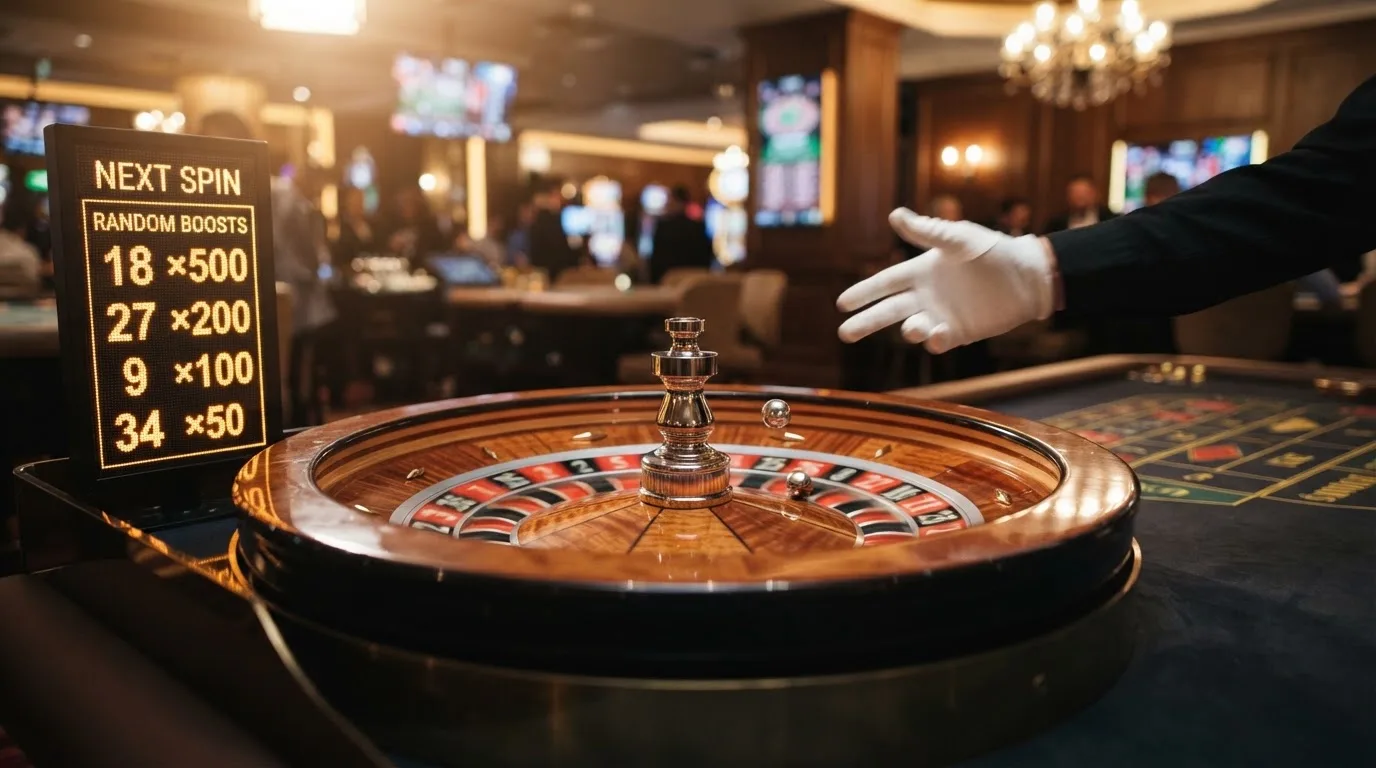 Primer plano de una ruleta en vivo en movimiento con el crupier a punto de lanzar la bola y los multiplicadores de una variante Lightning visibles en pantalla