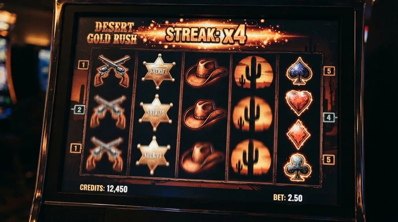 Los cinco rodillos de Wanted Dead or a Wild, la tragamonedas más icónica de Hacksaw Gaming, con sus símbolos del Lejano Oeste sobre fondo oscuro